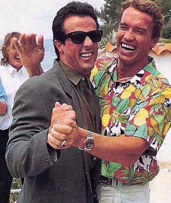 Sylvester Stallone and Arnold Schwarzenegger at Cannes film festival in 1990