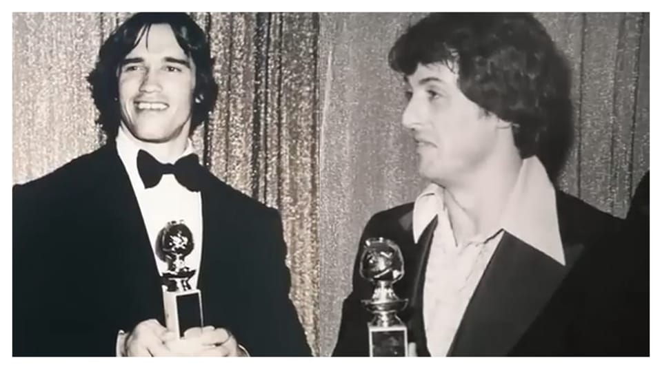 Arnold Schwarzenegger and Sylvester Stallone at the 1977 Golden Globes